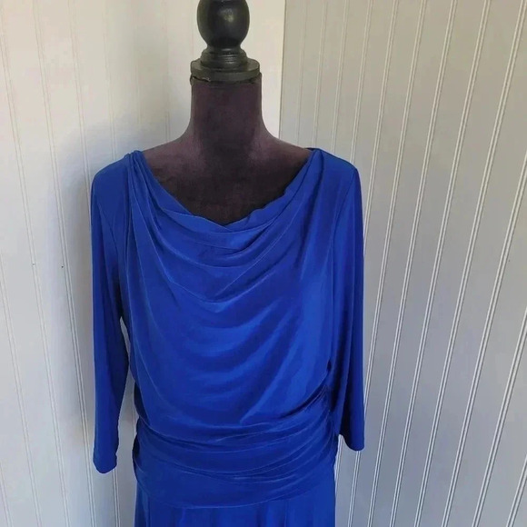 Chaps Long Sleeve Blue Midi Dress Women's Stretch Ruched Hips Waterfall Neck XL - Picture 2 of 10